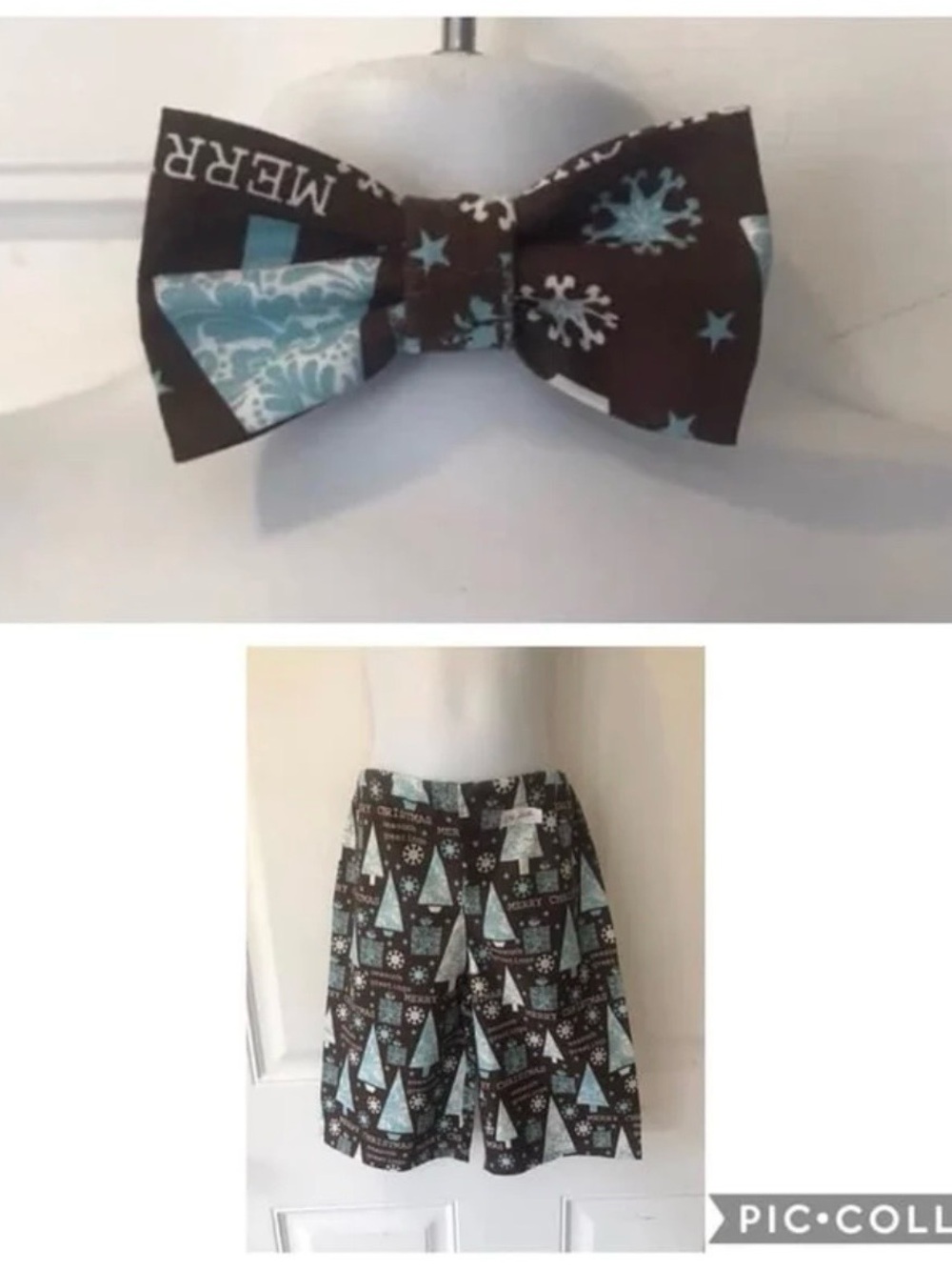NWOT 3/6m Machine sewn Brown/white/blue trees, presents, snow Christmas pants